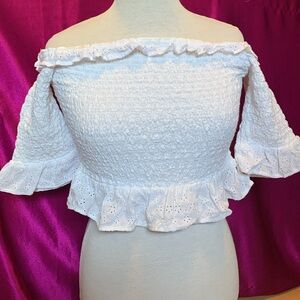 American Eagle hundred percent cotton 3/4 sleeve crop off the shoulder white top